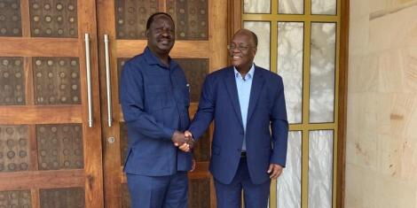 L'ancien Premier ministre Raila Odinga (à gauche) salue feu le président tanzanien John Magufuli