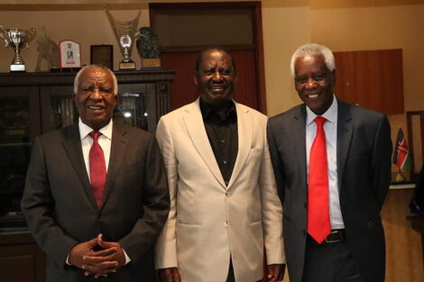 Former Prime Minister Raila Odinga and LAPSSET Chairman Titus Ibui and Mt Kenya Foundation Chairman Peter Munga
