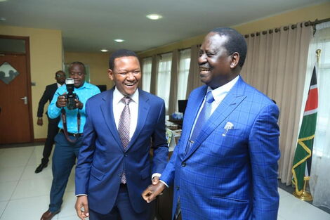 Former Prime Minister Raila Odinga and Machakos Governor Alfred Mutua at Raila's Capitol Hill offices on Wednesday. [Source/ Alfred Mutua]