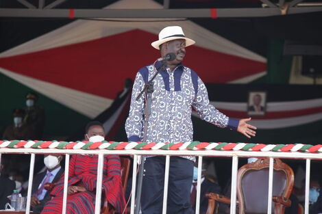 Former Prime Minister Raila Odinga gives an address during Madaraka Day Celebrations in Kisumu