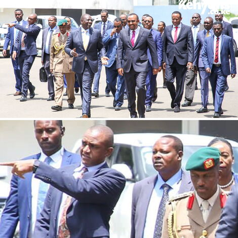 Photo collage between former Aide De Camp Timothy Lekolool and newly appointed Aide De Camp Fabian Lengusuranga with President William Ruto and Ethiopian Prime Minister Abiy Ahmed on Thursday October 6, 2022