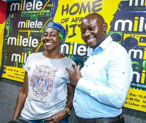 Francis Luchivya (Right) pictured at Milele FM studios with Milele Drive co-host Jacqueline 'Wilbroda' Nyaminde in March 2020