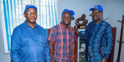 From Left Kisii County Governor, James Ongwae, Anthony Kibagendi, the Director of Youth Affairs at the Office of DP Ruto and ODM Party Leader, Raila Odinga on Wednesday, February 23.