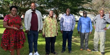 From left Kakamega County Woman Rep. Elsie Muhanda, Atwoli,Butere MP Tindi Mwale, Cotu Boss, Francis Atwoli, Khisero MP, Christopher Aseka.