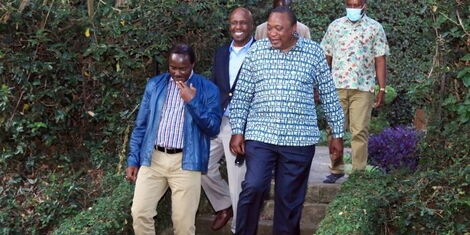From left Kalonzo Musyoka, Gideon Moi , Uhuru Kenyatta and at the Wiper Party leader's Karen residence on March 18, 2022..jpg