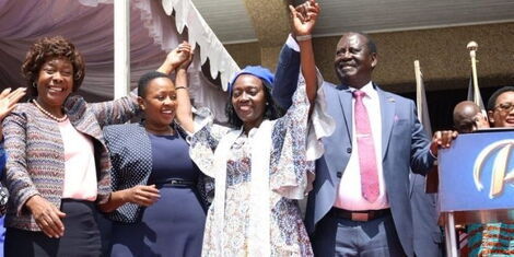 From left Kitui Governor Charity Ngilu, Murang'a Woman Rep. Sabina Chege, Narc Kenya party leader MarthaKarua and Azimio flag bearer Raila Odinga at the KICC during the running mate