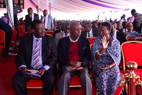 From left Musalia Mudavadi, Baringo Senator Gideon Moi and Former Gichugu MP Martha Karua at Nginyo Kariuki's burial in Tigoni on Tuesday, March 3.