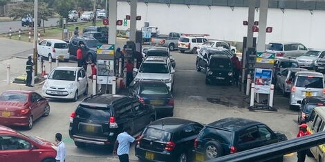 An aerial photo showing motorists lining up for fuel at a fuel Station in Kileleshwa on Saturday, April 2, 2022.