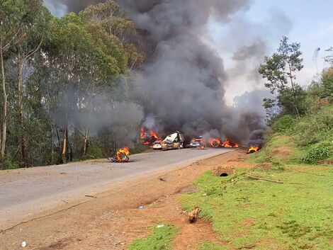 Truck ferrying liquefied petroleum gas (LPG) explodes into flames along the Mai Mahiu Road on Sunday February 13, 2022