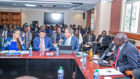 Deputy President Rigathi Gachagua chairing a meeting at his Harambee Annex office in Nairobi on Friday October 7, 2022.