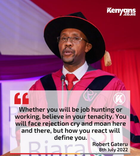 A quote box of Riara University’s Vice Chancellor Prof. Robert Gateru shared on social media platforms during the institution’s 6th Commencement on Friday, July 8, 2022