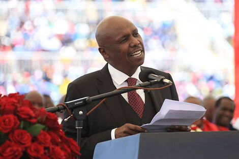 Baringo Senator Gideon Moi speaks during a memorial service for his father at Nyayo National Stadium on February 11, 2020