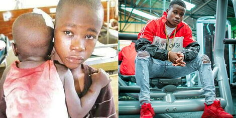 A photo collage of Gift Osinya with his younger brother in 2014 (left) and a grown up Osinya in 2019