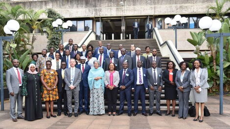 Governors pose for a photo with UN Deputy Secretary General Amina Mohammed after a meeting on climate change at the KICC on October 5, 2022.