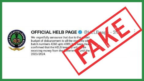 A social media post flagged as fake by HELB on Thursday, September 22, 2022