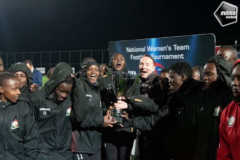 Harambee Starlets celebrates its bronze trophy at the conclusion of the Turkish Women’s Cup on March 10, 2020.