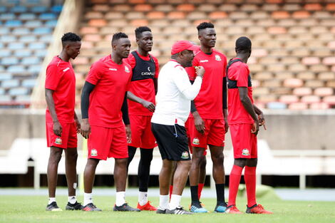 Harambee Stars coach Francis Kimanzi gives instructions during a training session at Moi International Sports Centre, Kasarani on October 12, 2019.