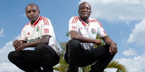 From left to right: Sports journalists Stephen Mukangai and Ali Hassan Kauleni posing for a photo.