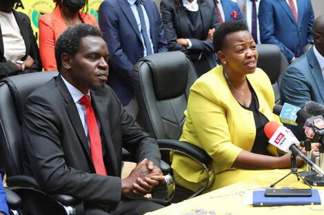 Law Society of Kenya President Nelson Havi (left) and UDA Secretary General Veronica Maina (right) at the press conference on Monday, December 20, 2021