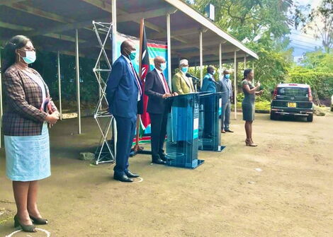 Health CAS Rashid Aman (at the podium) and his team addressing the media at a press briefing. May 18, 2020.