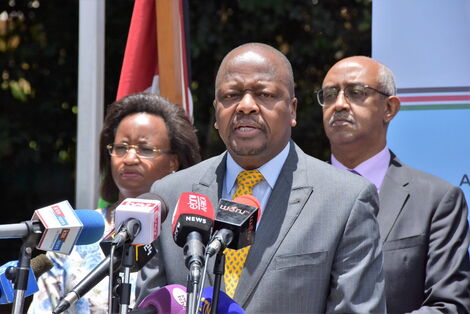 A photo of Health CS Mutahi Kagwe addressing the media outside Afya House on March 18, 2020.