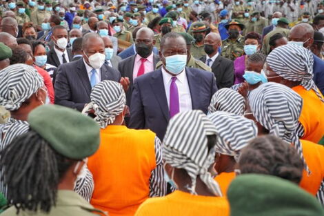 Health CS Mutahi Kagwe and His Interior Counterpart Fred Matiang'i Arrive at the Launch of the Mass Vaccination Drive at Nakuru Maximum Prison