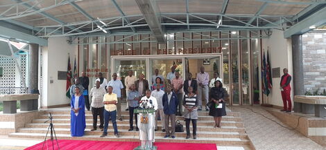 Health Cabinet Secretary Mutahi Kagwe addressing the media outside Harambee House on March 22, 2020.