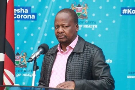 Health Cabinet Secretary Mutahi Kagwe speaking during a presser outside Kenyatta National Hospital, April 2020.