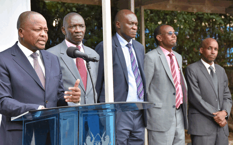 Health CS Mutahi Kagwe (left) Government Spokesman Cyrus Oguna (second left) and Director General of Health Patrick Amoth (centre) addresses the media at Afya House, Nairobi on Tuesday, May 5, 2020