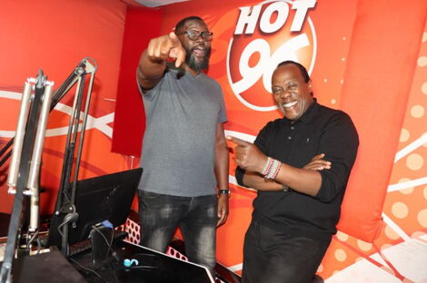 Hot 96 morning show hosts Nick Odhiambo (left) and Jeff Koinange at RMS studios