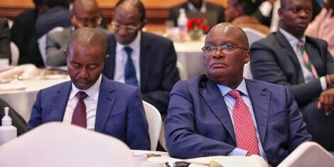 ICT CS Joe Mucheru (left) and his Transport counterpart James Macharia during a meeting with KEPSA and the NDICCC on Monday, May 22, 2022.