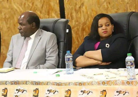 IEBC Chairman Wafula Chebukati and Vice Chair Juliana Cherera at Bomas of Kenya meeting party candidates on August 22, 2022