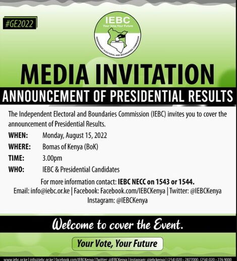 IEBC invitation to Bomas for announcement of the President-elect