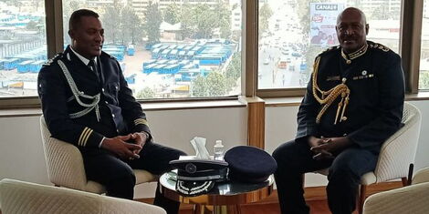 Inspector General of Police Hilary Mutyambai and his Ethiopian counterpart Commissioner General Demelash Gebremichael on February 15, 2022.