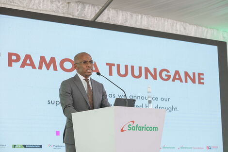 Safaricom CEO Peter Ndegwa speaks during the launch of the Pamoja Tuungane Campaign on Monday, April 11. 