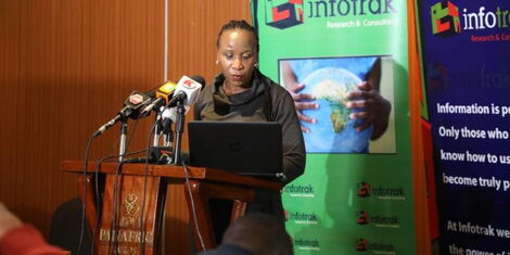 Infotrak CEO Angela Ambitho announces the results of the presidential candidates popularity poll at the Sarova Hotel in Nairobi on Tuesday, August 2, 2022.