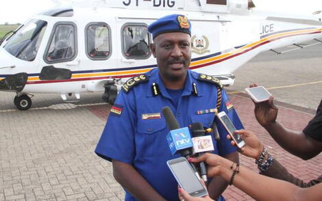 Inspector General of Police Hillary Nzioka Mutyambai address press after boarding a new 5Y-DIG helicopter at Wilson airport on May 3, 2019.