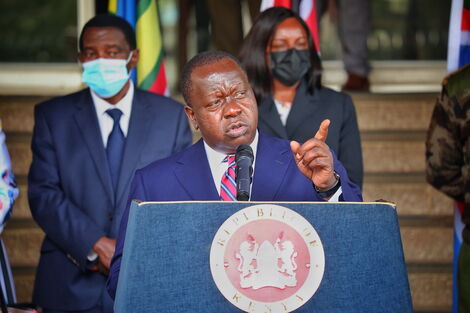Interior CS Dr. Fred Matiang'i addressing the press on Wednesday March, 26
