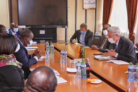 Interior CS Fred Matiang'i (Left row center) speaks directly to UNHCR Refugee Commissioner Filippo Grandi on Thursday, April 29, 2021.