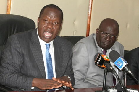Interior CS Fred Matiang'i (left) and his Education counterpart George Magoha.