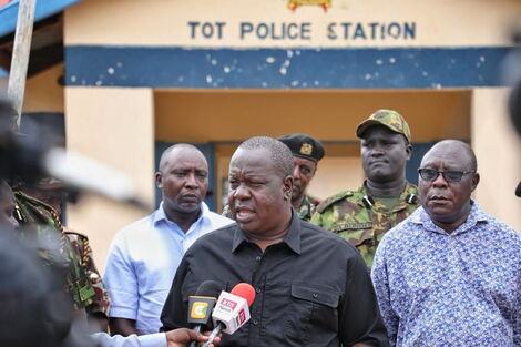 Interior CS Fred Matiang'i addressing the press at Tot Police Station on Wednesday, June 8, 2022.