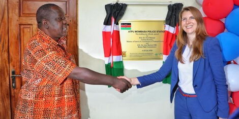 Interior CS Fred Matiang'i and UK Ambassador to Kenya Jane Marriot during the commissioning of the ATPU Coast Headquarters in Mombasa on Wednesday, July 20. 2022