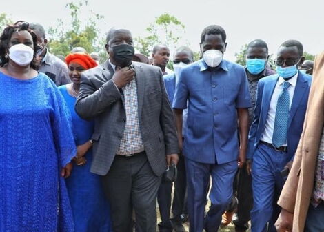 Interior CS Fred Matiang'i and his Agriculture Counterpart, Peter Munya arrive in Tharaka Nithi for the official unveiling of Chiakariga and recently gazetted Muthambi Sub-Counties