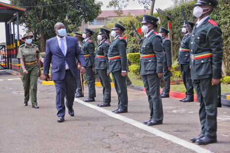 Interior CS Fred Matiang'i inspects a parade during the official opening of 161 cadet officers’ training in Ruiru on Thursday, December 10, 2020.