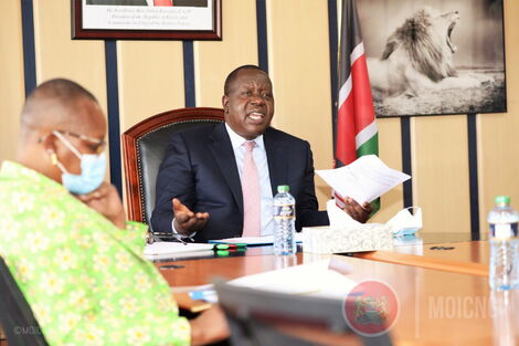 Interior CS Fred Matiang'i with ministry officials engaged in a virtual meeting with MPs on March 24, 2021