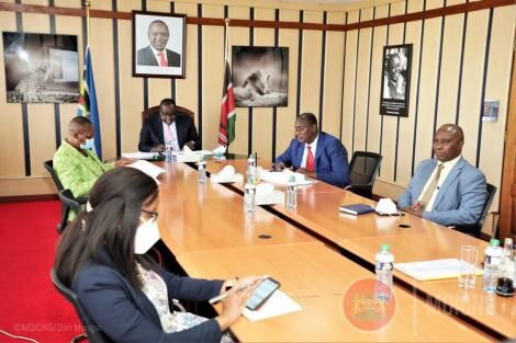 Interior CS Fred Matiang'i with ministry officials engaged in a virtual meeting with MPs on March 24, 2021