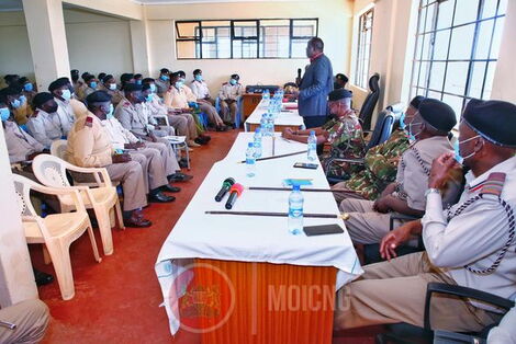 Interior Cabinet Secretary Dr Fred Matiang'i addresses NGAOs from Nyamira County on Friday, January 14, 2022.
