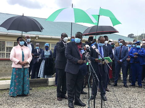 Interior Cabinet Secretary Fred Matiang'i addressing the press in Nyandarua on June 15, 2020.