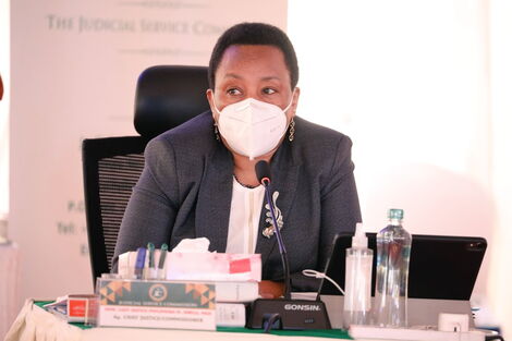 JSC Commissioner Lady Justice Philomena Mwilu putting questions to candidates at the 2021 interviews for Chief Justice