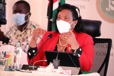 JSC Commissioner, Prof. Olive Mugenda, putting questions to candidates at the 2021 interviews for Chief Justice